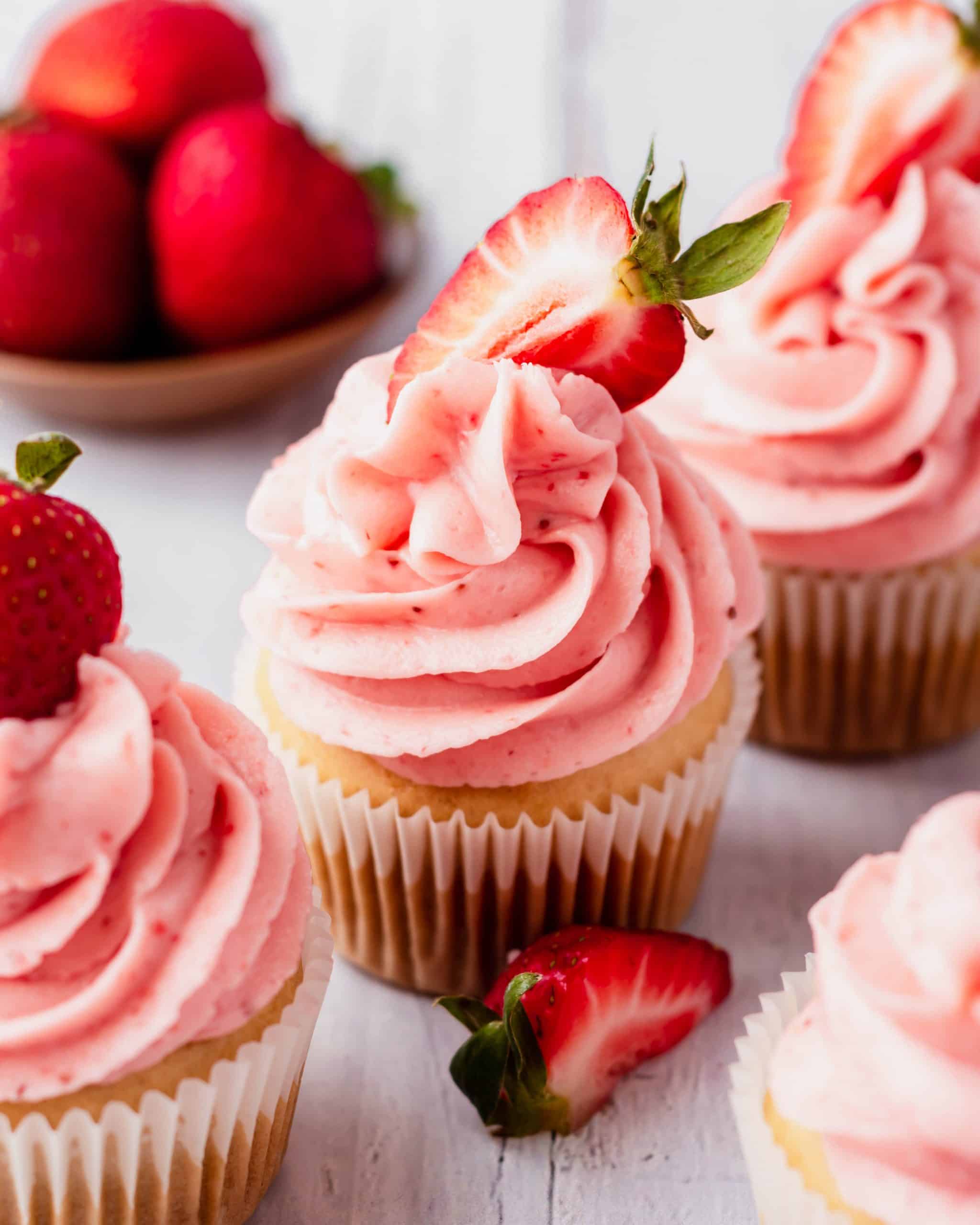 vegan vanilla cupcakes with strawberry frosting
