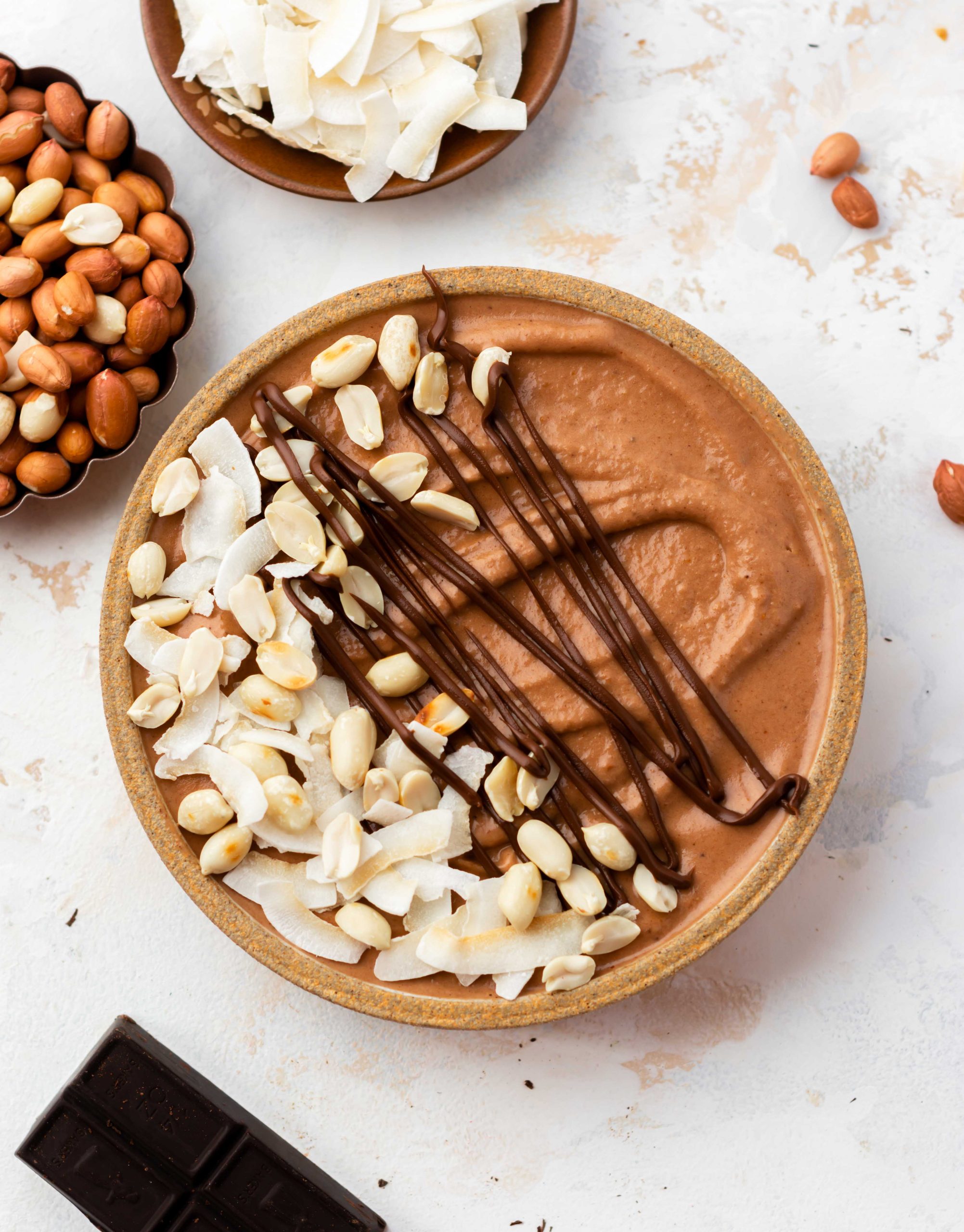 chocolate peanut butter smoothie in a bowl