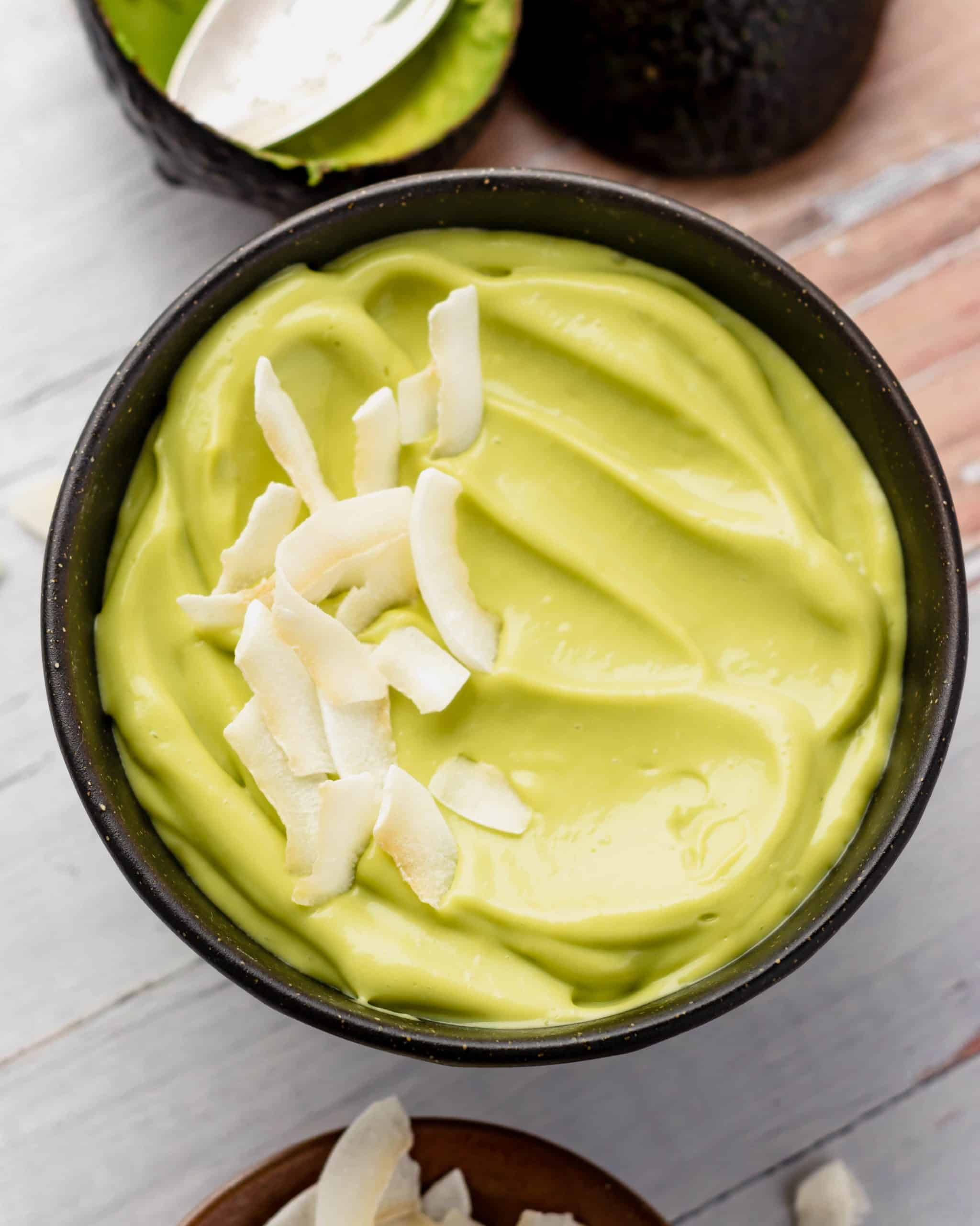 vegan avocado pudding in abowl
